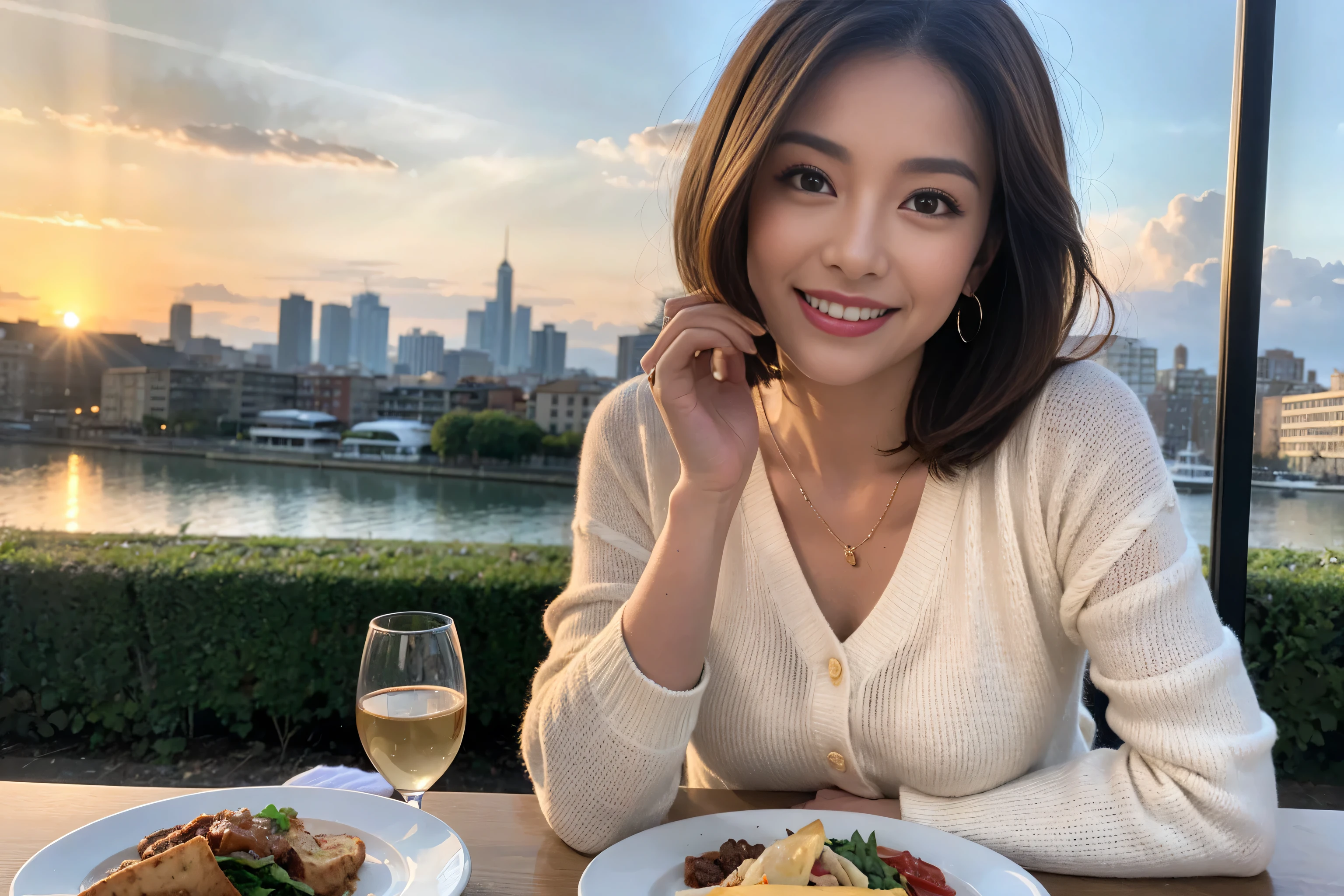 (Realistic:1.1),(masterpiece,Highest quality),8k,(49 years old), 53 years old, slimカップル、Model Couple、actress/actor、Tight waist,Upper Body,full-course dinner、wine 、Amazing view of the sunset sky and clouds、Perfect Anatomy, Brown Hair, short hair,Random Hairstyles,((Highly detailed face and eyes:1.2)),きれいなactressさん,Perfect golden ratio face,Long sleeve shirt、dress,(smile:1.hortcuts、cute、(Realistic, Intricate details:1.2), A bright smile、short hair,Bright Face、赤wine 、Appetizers、Italian food、wine bottle、Champagne、スパークリングwine、(slimな顔), (The body is slim), (Brown Hair), (Shortcuts), Upper Body, 白wine, slim, wineグラス,
