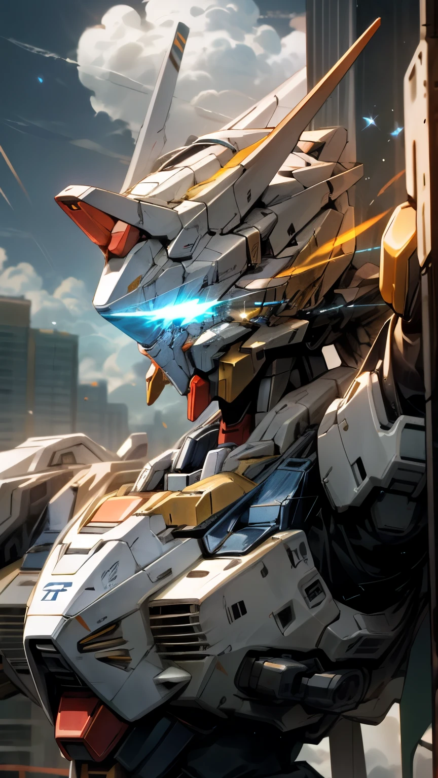 Sky, cloud, Keep_arms, No_Humanity, glow, Mecha, architecture, Science fiction, City, Reality, war, arms, Gaze at the viewer, Gundam, close up, Upper Body, blue eyes