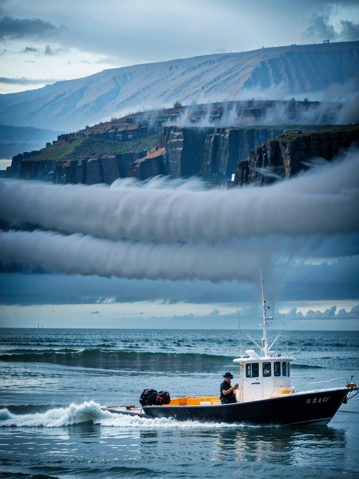 A man，Fishing，Heavy rainy days，fishing boat，The seaside is very stormy，