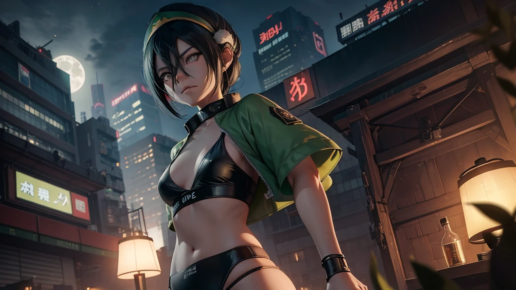 Toph beifong  ,1girl , anime , masterpiece  , Black hair,green jaqueta aberta open clothes ,flat  chest , bra,  pantie ,  body , long socks,  smug  malicious provocante  ,sexy .night cyberpunk city  Background moon . Dark, standing. 