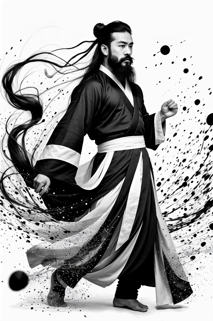 zydink, monochrome, ink sketch, 1boy, asian (middle age man), (long beard, facial hair), fighting stance, looking at viewer, long hair, floating hair, hanfu, chinese clothes, long sleeves, (abstract ink splash:1.2), white background