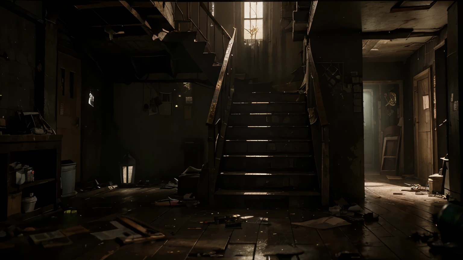 masterpiece,Extreme detail CG Unity 8K wallpaper,“You go down a creaky staircase into the dark basement of the abandoned house. The smell of must and old earth cement hangs heavy in the air. The walls are covered with damp spots, and everywhere on the floor lie broken bottles and old, rusted tools. A single, flickering beam of light penetrates through a small, dirty window and illuminates the dense darkness. In the background you can hear the, eerie rustling of rats, that disappear into the shadows.“