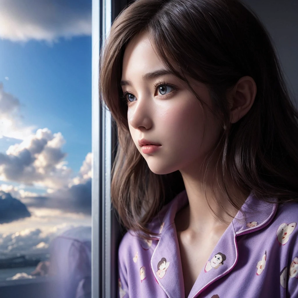 A very realistic portrait of a young and beautiful girl, seen from the side wearing a pink nightgown patterned with a cartoon male doll on a beautiful blue sky background,was staring into space,dim light, overhead shot,UHDR,600dpi,16k