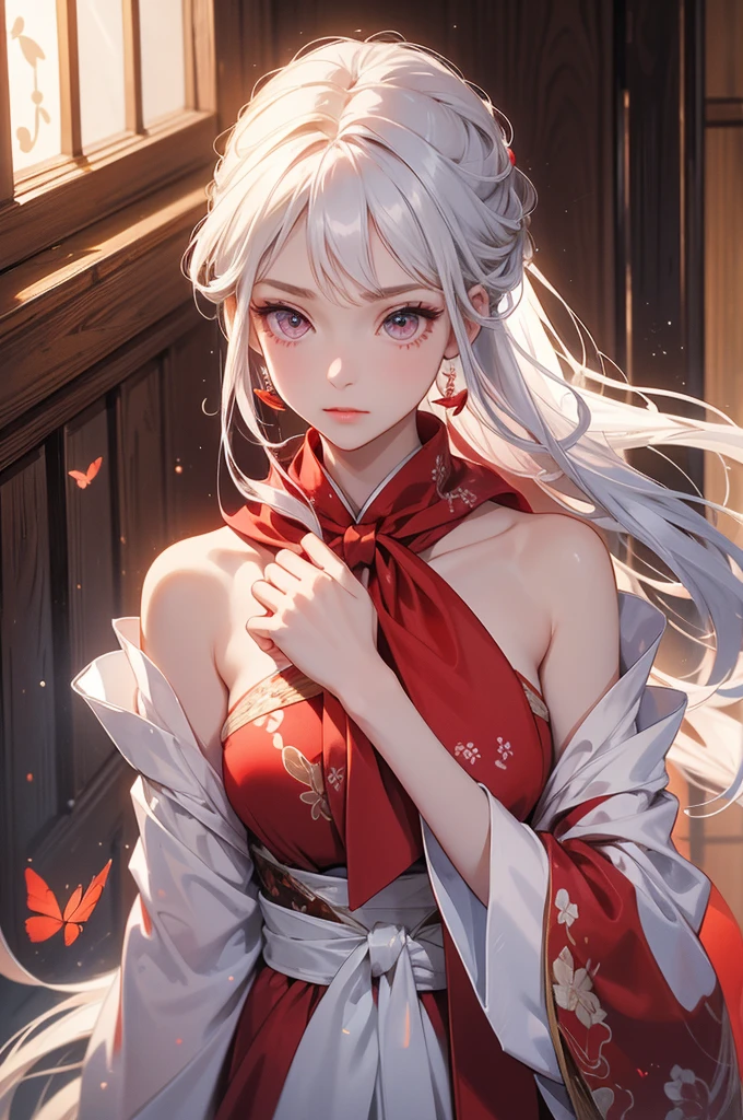 ((best quality)), ((masterpiece)), (detailed), Perfect face，Red and white kimono，The cuffs and lapels of the large sleeves are tied with this red silk scarf，Shrine Girl，Red long hair，Delicate brushstrokes，Soft and smooth long hair，Round forehead，Long eyelashes，Crimson eyes，Swan neck，Transparent butterfly bone，Delicate and soft skin，Delicate calves，Slim ankles，fit，The disadvantage is that there is a lack of movement between the eyebrows and eyes.，肚Umbilical cord，Umbilical cord，exposed，beauty，Shoulder，White skin，beauty的锁骨，White Arm，beauty的玉足，Slim waist
