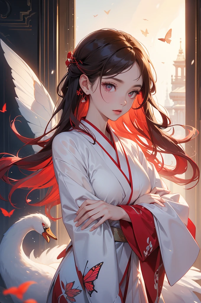 ((best quality)), ((masterpiece)), (detailed), Perfect face，Red and white kimono，The cuffs and lapels of the large sleeves are tied with this red silk scarf，Shrine Girl，Red long hair，Delicate brushstrokes，Soft and smooth long hair，Round forehead，Long eyelashes，Crimson eyes，Swan neck，Transparent butterfly bone，Delicate and soft skin，Delicate calves，Slim ankles，fit，The disadvantage is that there is a lack of movement between the eyebrows and eyes.，肚Umbilical cord，Umbilical cord，exposed，beauty，Shoulder，White skin，beauty的锁骨，White Arm，beauty的玉足，Slim waist
