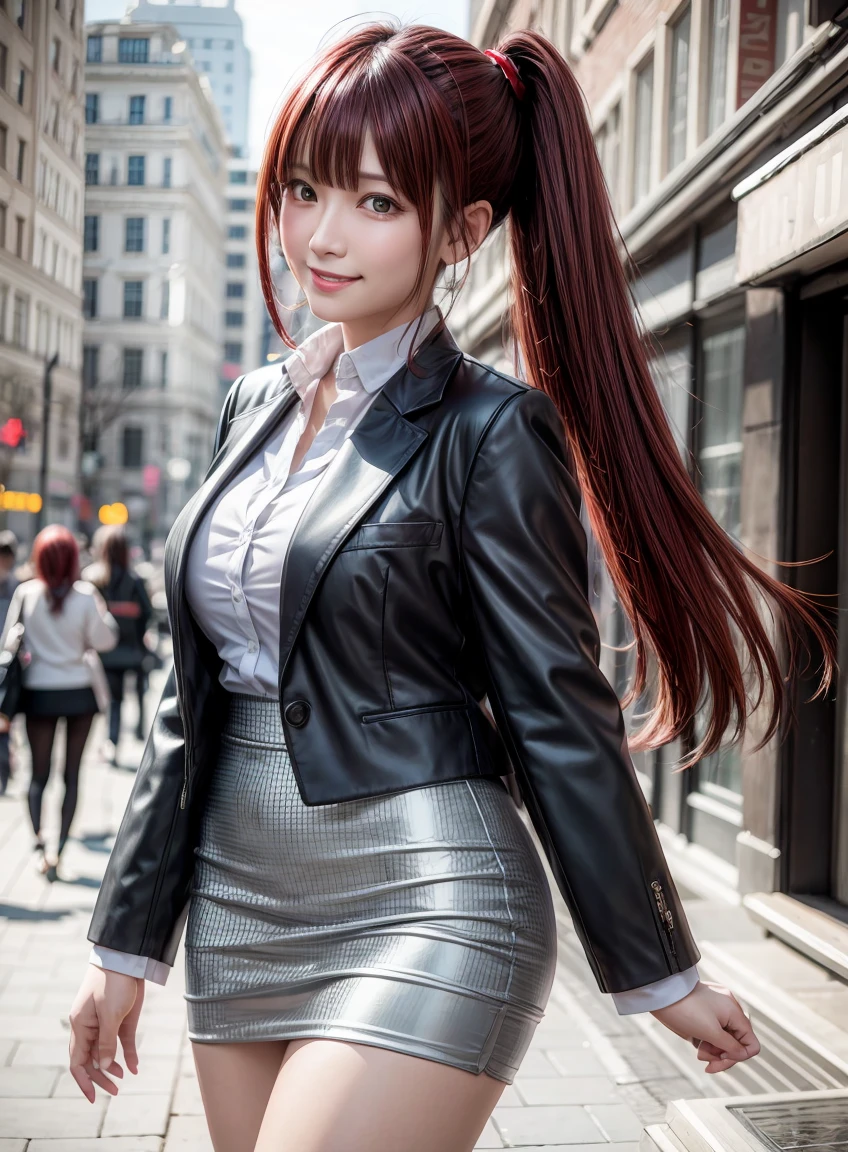 Ultra-high resolution CG Unity 8K wallpaper, Beautiful Features、((Dark Red Hair、Side Ponytail:1.2)), ((Almond-shaped eyes: 1. 4)), (smile:1.4), High pixel density、Beautiful and sophisticated eyes、Highest quality, Ultra HD, Ultra-clear illustrations、High Contrast、Tonal correction、Ultra-realistic oily and glossy skin, Detailed fabric texture, Physically Based Rendering、Retina、Ray Tracing, RAW Photos, Natural front light、Accurate Fingers, Anatomically correct,
BREAK、
((Cowboy Shot:1.2)), ((business suit))、Jacket、blouse、mini skirt、Pencil Skirt、Main Street、Walking briskly、