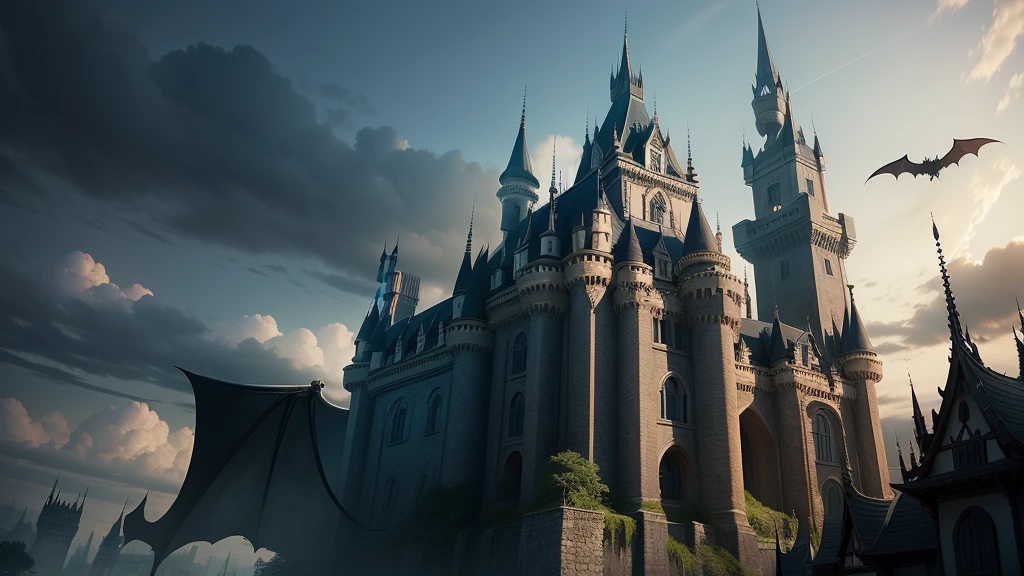 1 castle, Flying Bat, scary, หรูหราscary, It&#39;s dark., The background is a shining moon.,black red night
