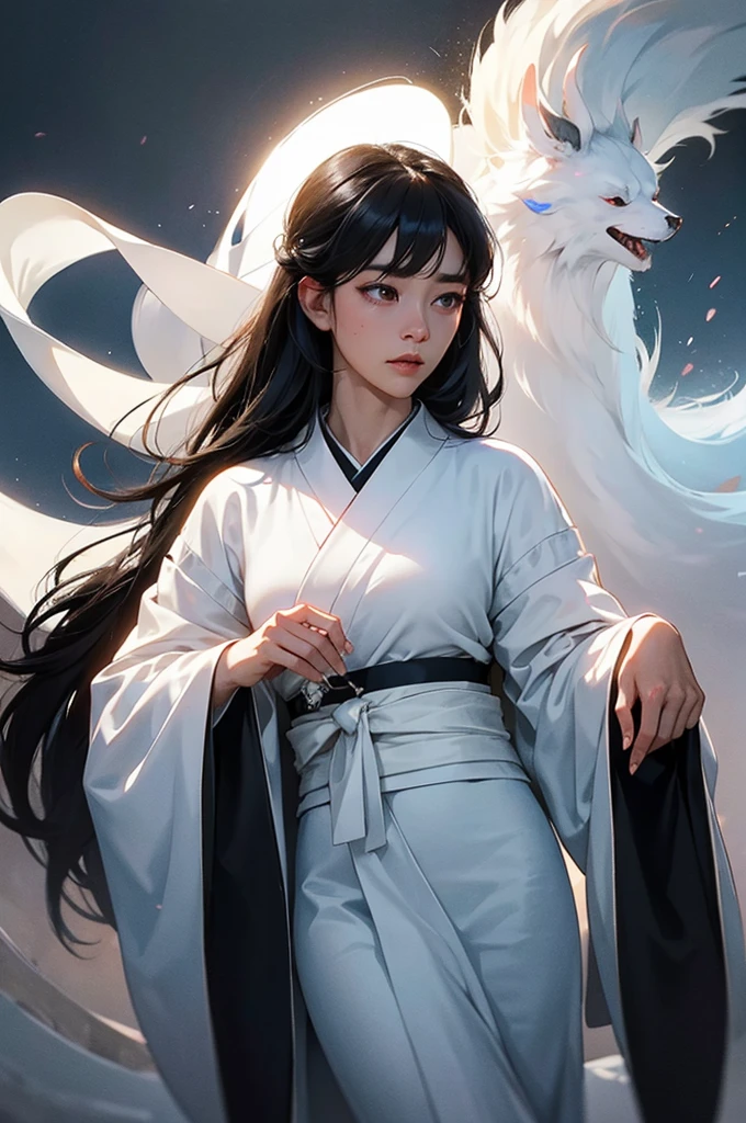 The ghost of a beautiful woman wearing a white kimono and black hair that shines through the fantastical mist