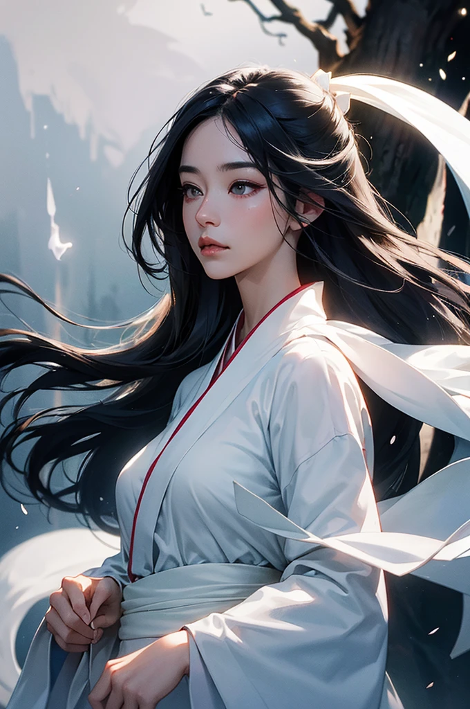 The ghost of a beautiful woman wearing a white kimono and black hair that shines through the fantastical mist