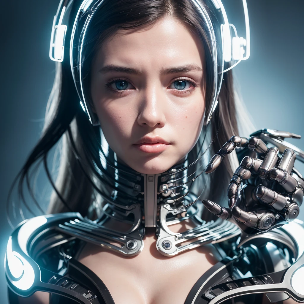complex 3d render ultra detailed of a beautiful porcelain profile woman android face, cyborg, robotic parts, 150 mm, beautiful studio soft light, rim light, vibrant details, luxurious cyberpunk, lace, hyperrealistic, anatomical, facial muscles, cable electric wires, microchip, elegant, beautiful background, octane render, H. R. Giger style, 8k, best quality, masterpiece, illustration, an extremely delicate and beautiful, extremely detailed ,CG ,unity ,wallpaper, (realistic, photo-realistic:1.37),Amazing, finely detail, masterpiece,best quality,official art, extremely detailed CG unity 8k wallpaper, absurdres, incredibly absurdres, robot, silver halmet, full body