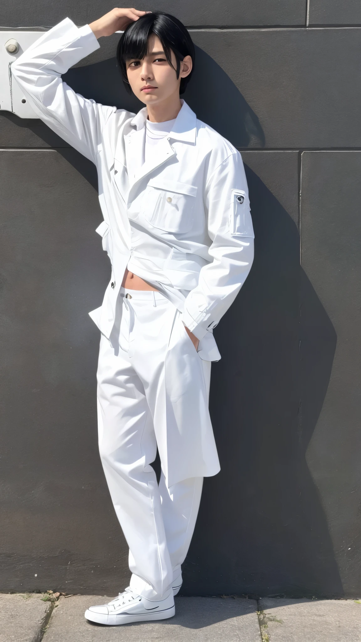 Background white、White Gakuran、20th Generation、Good physique、Black Hair、admiral、whole body、front