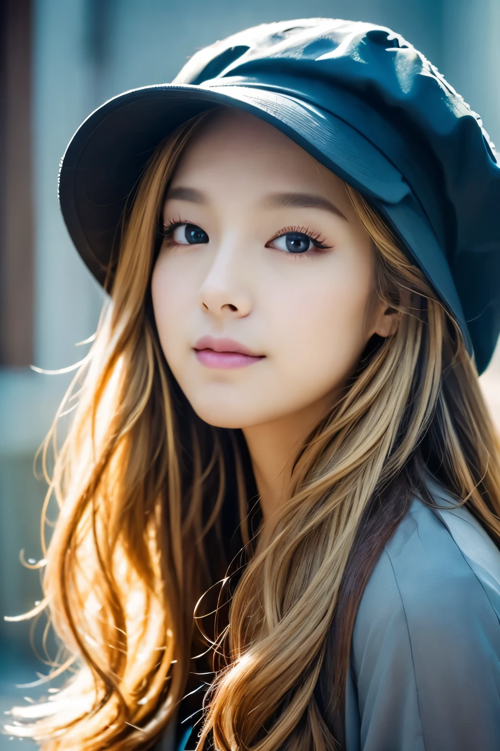 Create a high-quality, hyper-realistic portrait of a beautiful Japanese lady with delicate, refined features. She has long, flowing blonde hair and is wearing a dark, fur-lined hat and coat. Their expression is serene and slightly melancholic, with soft, soulful eyes gazing downward. The background should be a muted, watercolor-like blend of blues and purples, adding to the ethereal and dreamy atmosphere of the image. Ensure the image captures the detailed facial features, expressive eyes, and the intricate textures of the clothing and background.