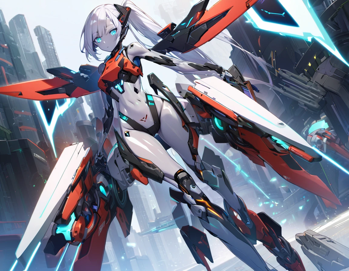 science fiction, android girl(metallic skin, cyber joint), legs joint booster, arm joint blade, X-type wing, rear missile launcher, waist joint beam cannon,