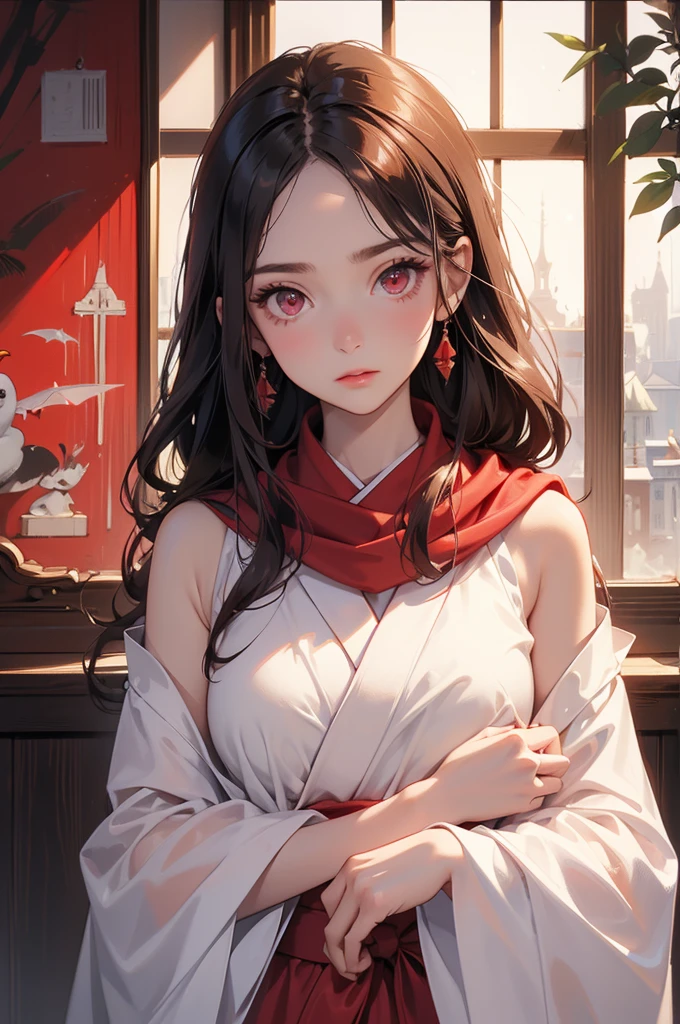 ((best quality)), ((masterpiece)), (detailed), Perfect face,Red and white kimono,The cuffs and lapels of the large sleeves are tied with this red silk scarf,Shrine Girl,Red long hair,Delicate brushstrokes,Soft and smooth long hair,Round forehead,Long eyelashes,Deep rose red eyes,Swan neck,Transparent butterfly bone,Delicate and soft skin,Delicate calves,Slim ankles,fit,The disadvantage is that there is a lack of movement between the eyebrows and eyes.,肚Umbilical cord,Umbilical cord,exposed,beauty,Shoulder,White skin,beauty的锁骨,White Arm,beauty的玉足,Slim waist