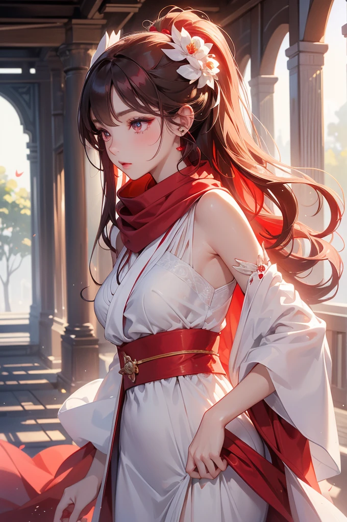 ((best quality)), ((masterpiece)), (detailed), Perfect face,Red and white kimono,The cuffs and lapels of the large sleeves are tied with this red silk scarf,Shrine Girl,Red long hair,Delicate brushstrokes,Soft and smooth long hair,Round forehead,Long eyelashes,Deep rose red eyes,Swan neck,Transparent butterfly bone,Delicate and soft skin,Delicate calves,Slim ankles,fit,The disadvantage is that there is a lack of movement between the eyebrows and eyes.,肚Umbilical cord,Umbilical cord,exposed,beauty,Shoulder,White skin,beauty的锁骨,White Arm,beauty的玉足,Slim waist