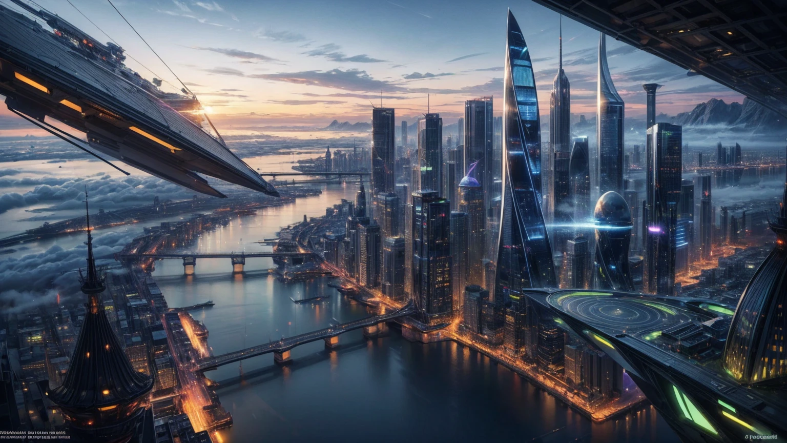 (Best quality,4K,8K,A high resolution,Masterpiece:1.2),Ultra-detailed,(Realistic,Photorealistic,photo-realistic:1.37),Futuristic floating city,Futuristic technology,Huge urban high-tech tablet platform,Airship,Floating in the sky,Futuristic city,Small airships around,High-tech hemispherical platform,Colorful lights,Advanced architecture,modernn architecture,skyscrapper,Access the cloud,Scenic beauty,view over city,Impressive design,Blend seamlessly with nature,energetic and vibrant atmosphere,Futuristic transportation system,Parking is suspended,Transparent path,Lush greenery,Sky gardens,cascading waterfalls,Magnificent skyline,reflections on the water,Sparkling river,Architectural innovation,futuristic skyscrapers,Transparent dome,The shape of the building is unusual,Elevated walkway,Impressive skyline,Glowing lights,Futuristic technology,Minimalist design,Scenic spots,Panoramic view,Cloud Piercing Tower,Vibrant colors,epic sunrise,epic sunset,Dazzling light display,magical ambiance,The future city,Urban Utopia,LuxuryLifestyle,Innovative energy,sustainable development,Smart city technology,Advanced infrastructure,Tranquil atmosphere,Nature and technology live in harmony,Awesome cityscape,Unprecedented urban planning,Architecture connects seamlessly with nature,High-tech metropolis,A cutting-edge engineering marvel,The future of urban living,Visionary architectural concept,Energy-efficient buildings,Harmony with the environment,A city floating above the clouds,Utopian dreams become reality,The possibilities are endless,State-of-the-art transportation network,Green energy integration,Innovative materials,Impressive holographic display,Advanced communication system,Breathtaking aerial view,Quiet and peaceful environment,Modernist aesthetics,Ethereal beauty