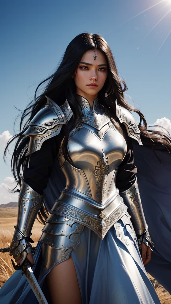 A fierce warrior princess clad in ornate, silver armor that gleams in the sunlight. She stands on a battlefield, sword in hand, with her long, dark hair flowing in the wind. Her gaze is strong and determined, showing her readiness for battle and leadership.