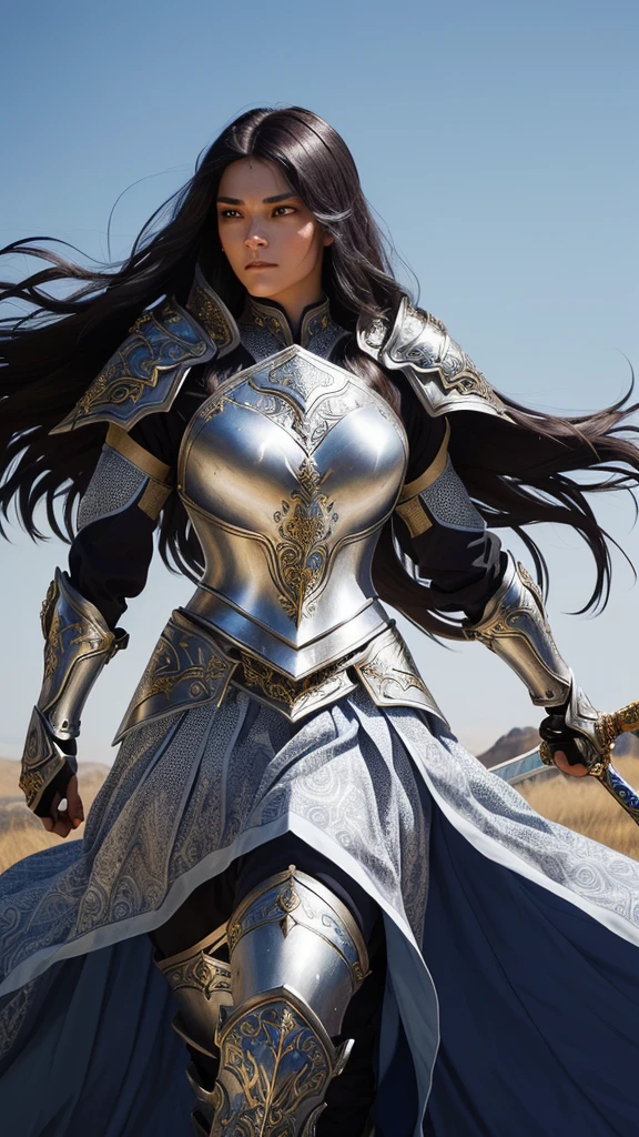 A fierce warrior princess clad in ornate, silver armor that gleams in the sunlight. She stands on a battlefield, sword in hand, with her long, dark hair flowing in the wind. Her gaze is strong and determined, showing her readiness for battle and leadership.