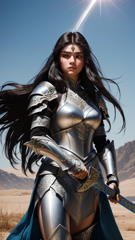 A fierce warrior princess clad in ornate, silver armor that gleams in the sunlight. She stands on a battlefield, sword in hand, with her long, dark hair flowing in the wind. Her gaze is strong and determined, showing her readiness for battle and leadership.