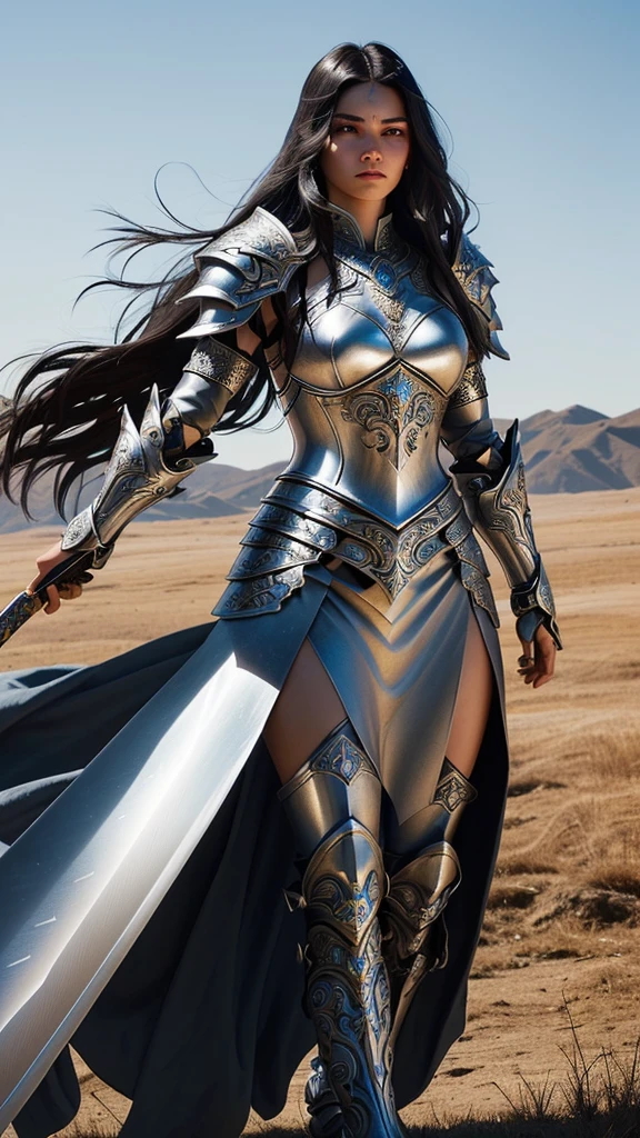 A fierce warrior princess clad in ornate, silver armor that gleams in the sunlight. She stands on a battlefield, sword in hand, with her long, dark hair flowing in the wind. Her gaze is strong and determined, showing her readiness for battle and leadership.