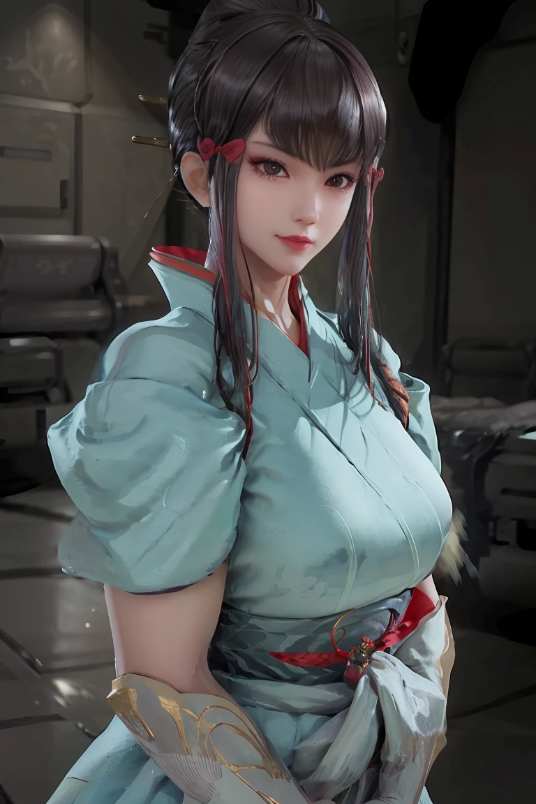 (best quality), (masterpiece), detailed, depth of field, perfect lighting, 1girl, female, dark eyes, red eyeliner, dark hair, tall bun top of head, hair pieces, (best quality), (masterpiece), detailed, depth of field, short sleeves, white loose kimono, dark hair, upper body, huge breaste
