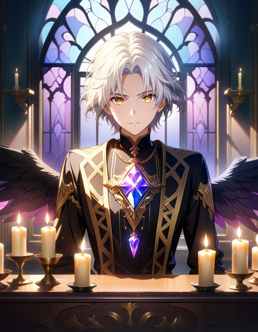 masterpiece, best quality, Detailed eyes, detailed face, Solo, Male, ((man)), 1man, athletic build, Aasimar, short hair, ((White Hair)), golden eyes, ((gold eyes)), black outfit, (Wearing black clothes), Gold Trim, wearing a crystal necklace, (((purple crystal))), wings, angle wings, ((black wings)), holding a candle, window, behind character, (light coming from behind window), candles in background, full body portrait, (facing viewer), (extremely detailed CG unity 8k wallpaper), (best quality), (best illustration), (best shadow), absurdres, realistic lighting, Dynamic lighting, beautiful detailed glow,