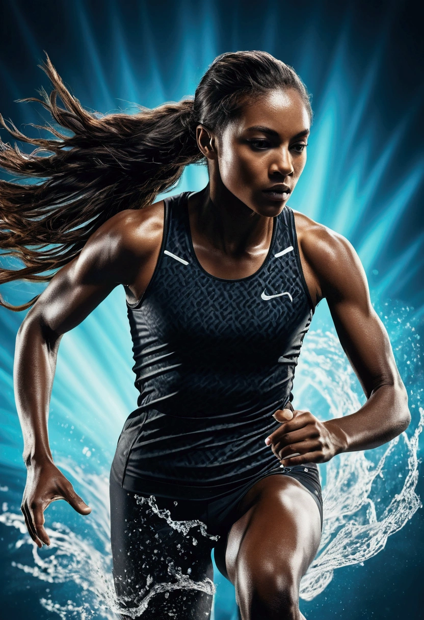 photorealistic double exposure of 1panther{(black_metal)(running stance)(shiny)(reflective metal texture)(sleek and polished)}{break}, 1girl{(sprinter athlete in motion),(blurred edges)(slow shutter speed motion photography)} shot on FujiFilm XT4 camera f/2. ISO 200, long hair, dramatic light, intricate detailed, a water element transition movement of color background(face detailed:1.5)