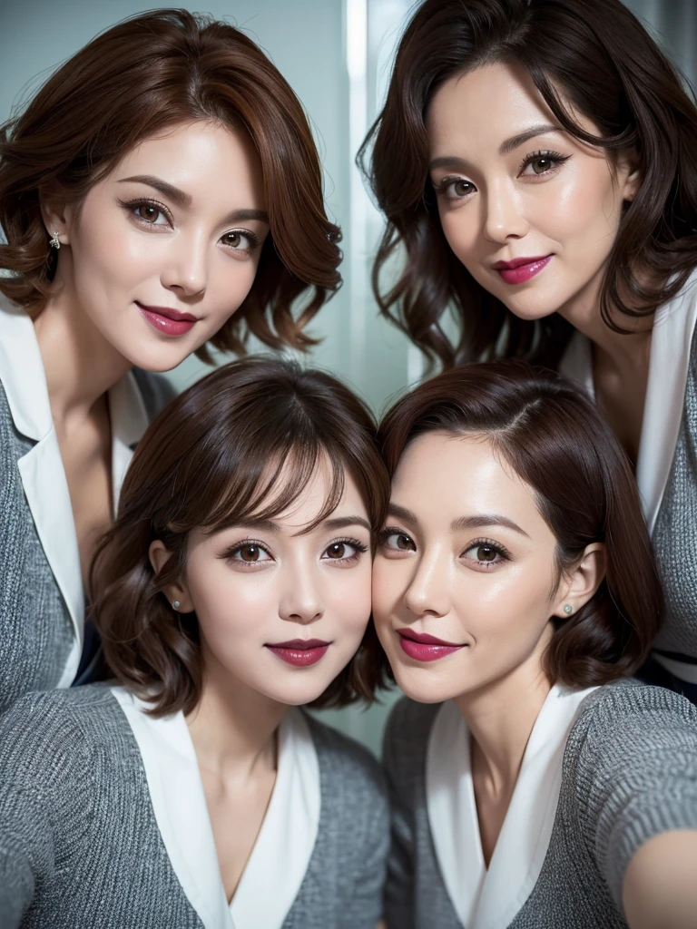 two extremely sexy milfs who are wives of 4 years old boy looking at camera, flustered smiles, short curly auburn hair, midwife outfits, black lipstick, portrait, close up to faces