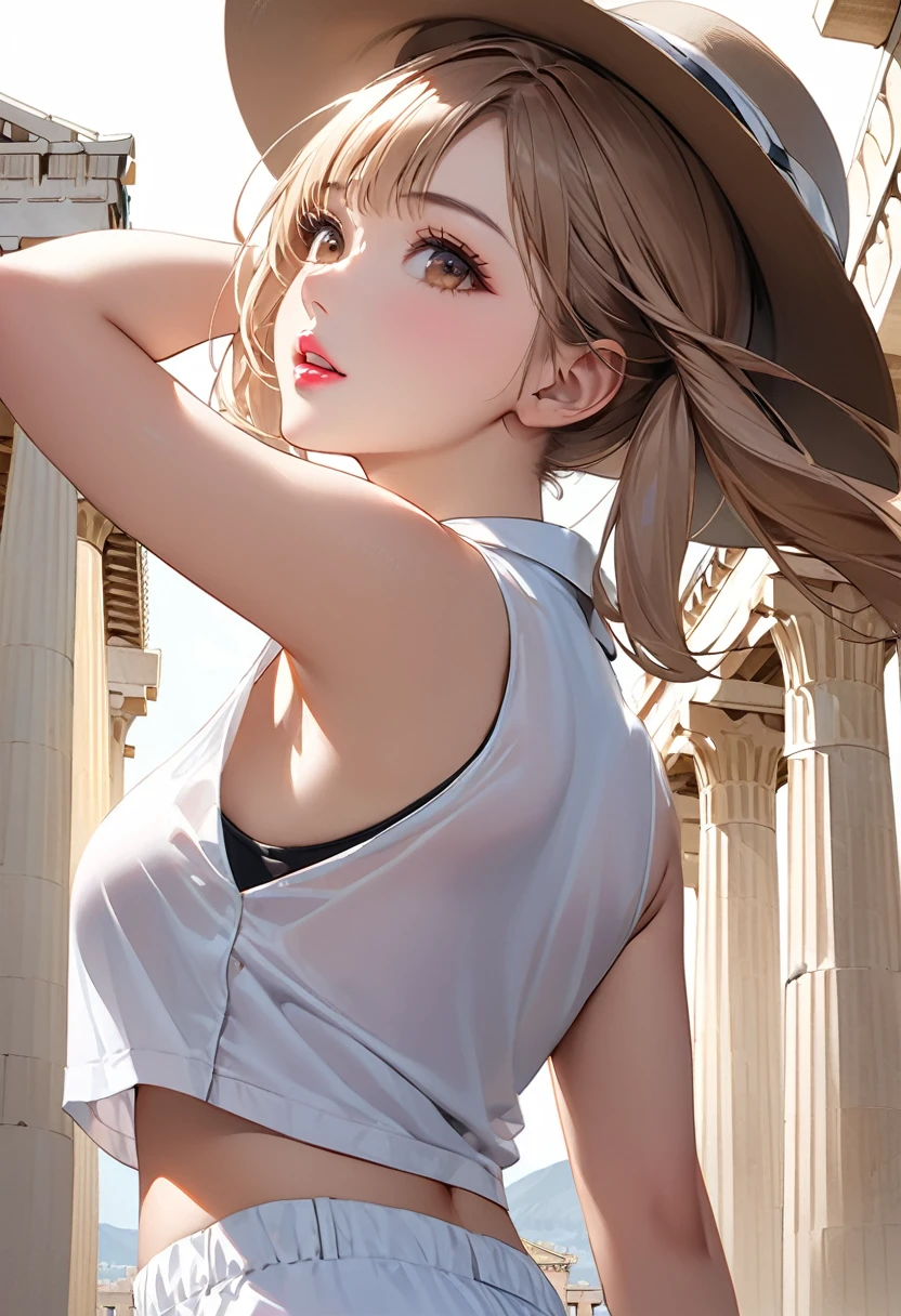Highest quality, masterpiece, Ultra-high resolution, Realistic:1.2, RAW Photos, Intricate details, Portraiture, Big beautiful brown eyes:1.2, Perfect contours, Perfect proportions:1.2, One Girl, break ((Close-up of the mouth:1.2, from below:1.2, ((side shot:1.5)), (looking back:1.2), looking away:1.2)), ((petite, short, tiny girl:1.2)), Light Brown Hair、((twintails:1.2)), (makeup:1.2, full lips:1.3, pink lips:1.3, shiny lips:1.3), (Tourists at the Parthenon:1.2), ((Silk sleeveless shirt:1.2, Silk long pants, Low heels、Elegant silk hat)), break ((Arms above head、My hat seems to be blown away by the wind:1.3))、(Admired expression on face at artwork:1.2)、((parted lips:1.2))、 (The background is the Parthenon:1.2、A few tourists are walking), ((Gust of wind:1.2)), (armpit:1.2), (empty-handed)、