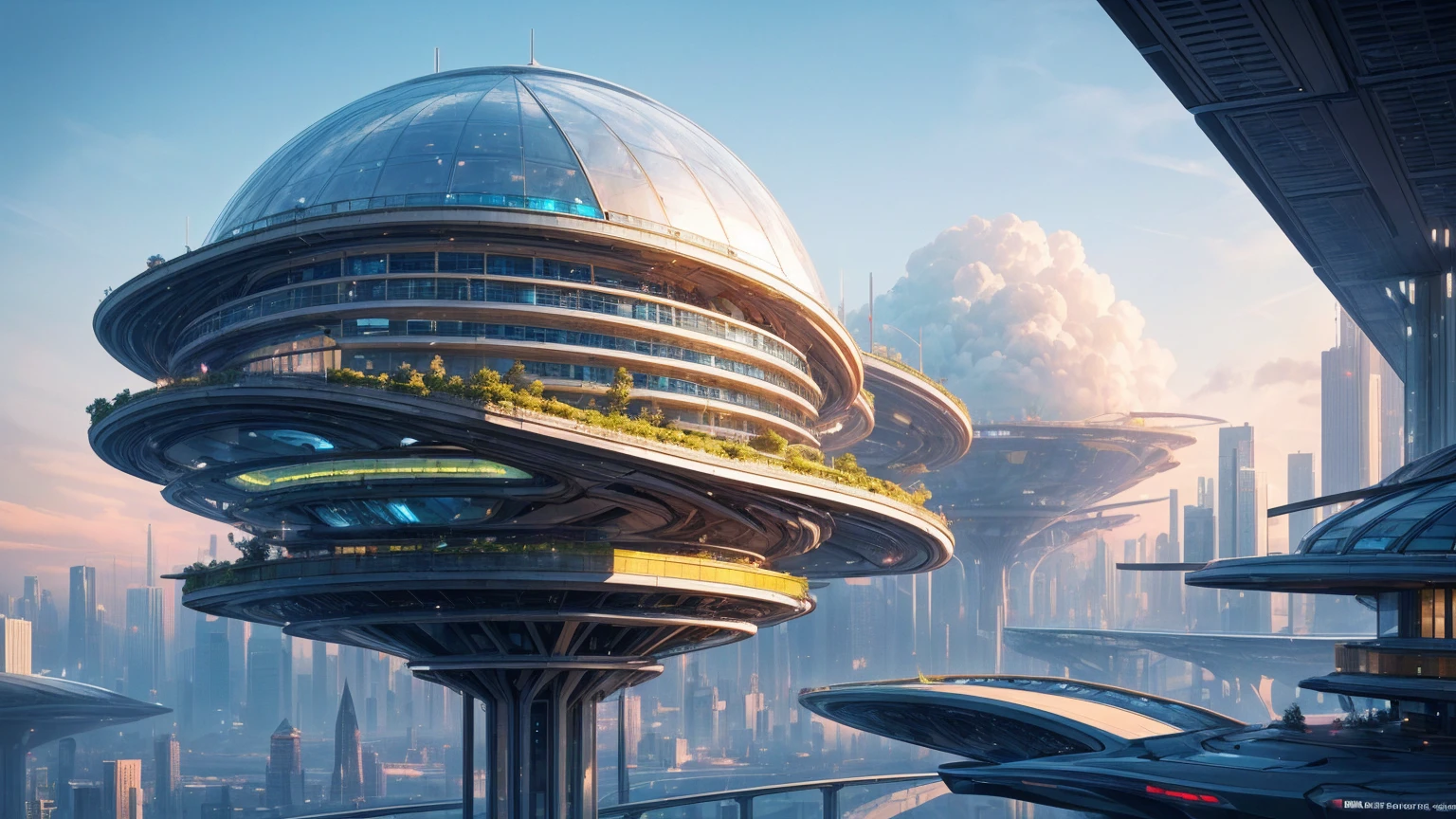(Best quality,4K,8K,A high resolution,Masterpiece:1.2),Ultra-detailed,(Realistic,Photorealistic,photo-realistic:1.37),Futuristic floating city,Futuristic technology,Huge urban high-tech tablet platform,Airship,Floating in the sky,Futuristic city,Small airships around,High-tech hemispherical platform,Colorful lights,Advanced architecture,modernn architecture,skyscrapper,Access the cloud,Scenic beauty,view over city,Impressive design,Blend seamlessly with nature,energetic and vibrant atmosphere,Futuristic transportation system,Parking is suspended,Transparent path,Lush greenery,Sky gardens,cascading waterfalls,Magnificent skyline,reflections on the water,Sparkling river,Architectural innovation,futuristic skyscrapers,Transparent dome,The shape of the building is unusual,Elevated walkway,Impressive skyline,Glowing lights,Futuristic technology,Minimalist design,Scenic spots,Panoramic view,Cloud Piercing Tower,Vibrant colors,epic sunrise,epic sunset,Dazzling light display,magical ambiance,The future city,Urban Utopia,LuxuryLifestyle,Innovative energy,sustainable development,Smart city technology,Advanced infrastructure,Tranquil atmosphere,Nature and technology live in harmony,Awesome cityscape,Unprecedented urban planning,Architecture connects seamlessly with nature,High-tech metropolis,A cutting-edge engineering marvel,The future of urban living,Visionary architectural concept,Energy-efficient buildings,Harmony with the environment,A city floating above the clouds,Utopian dreams become reality,The possibilities are endless,State-of-the-art transportation network,Green energy integration,Innovative materials,Impressive holographic display,Advanced communication system,Breathtaking aerial view,Quiet and peaceful environment,Modernist aesthetics,Ethereal beauty