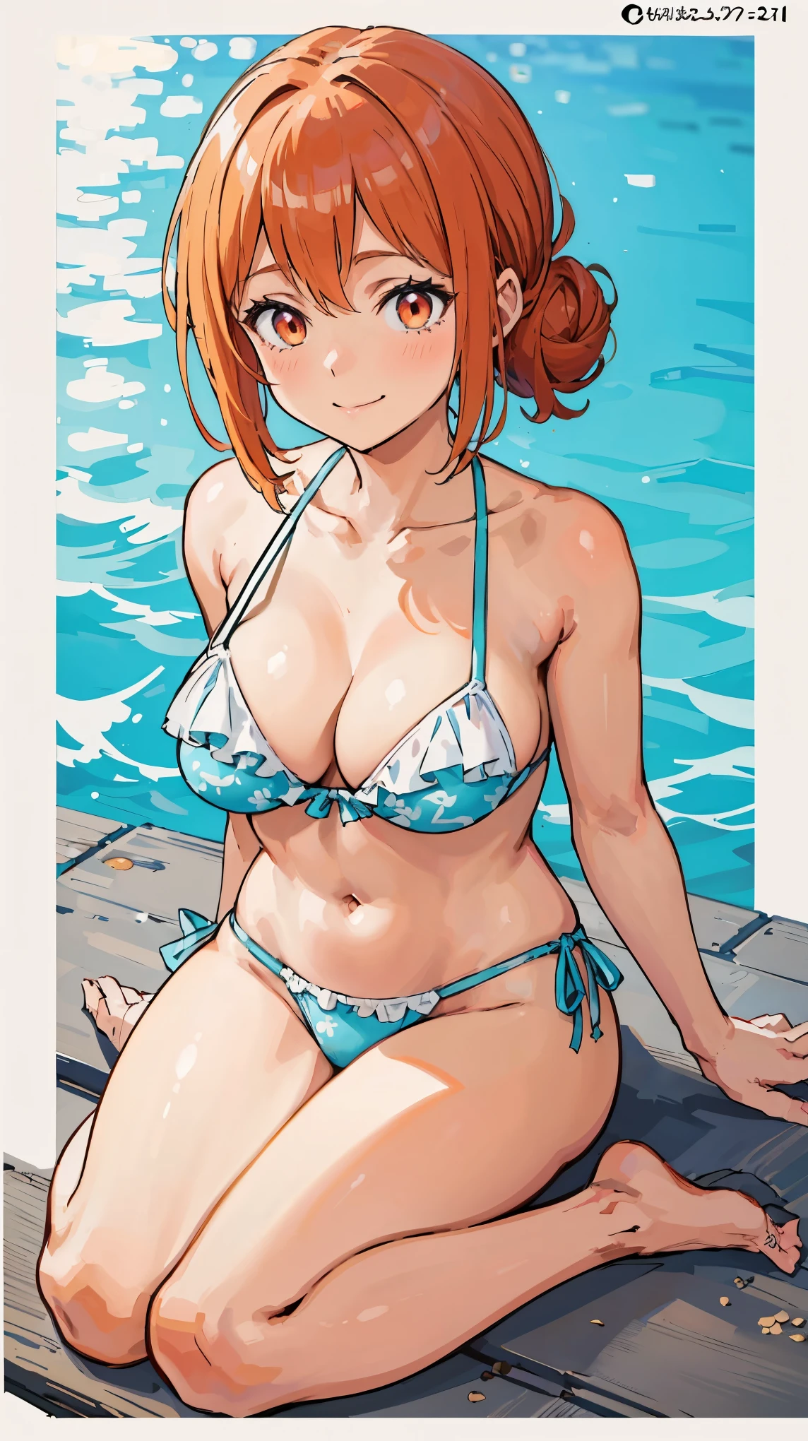 (Highest quality, 8k, masterpiece :1.3),Mrs. Yuigahama,ガハMom, As I expected, my youth romantic comedy is wrong。, One woman,Bun Hair,30 years old,Mom,Orange Hair,Embarrassed,Leg spread,Voluptuous body,Perfect Anatomy,nsfw,Swimwear,Ocean,No incongruity with the background,smile