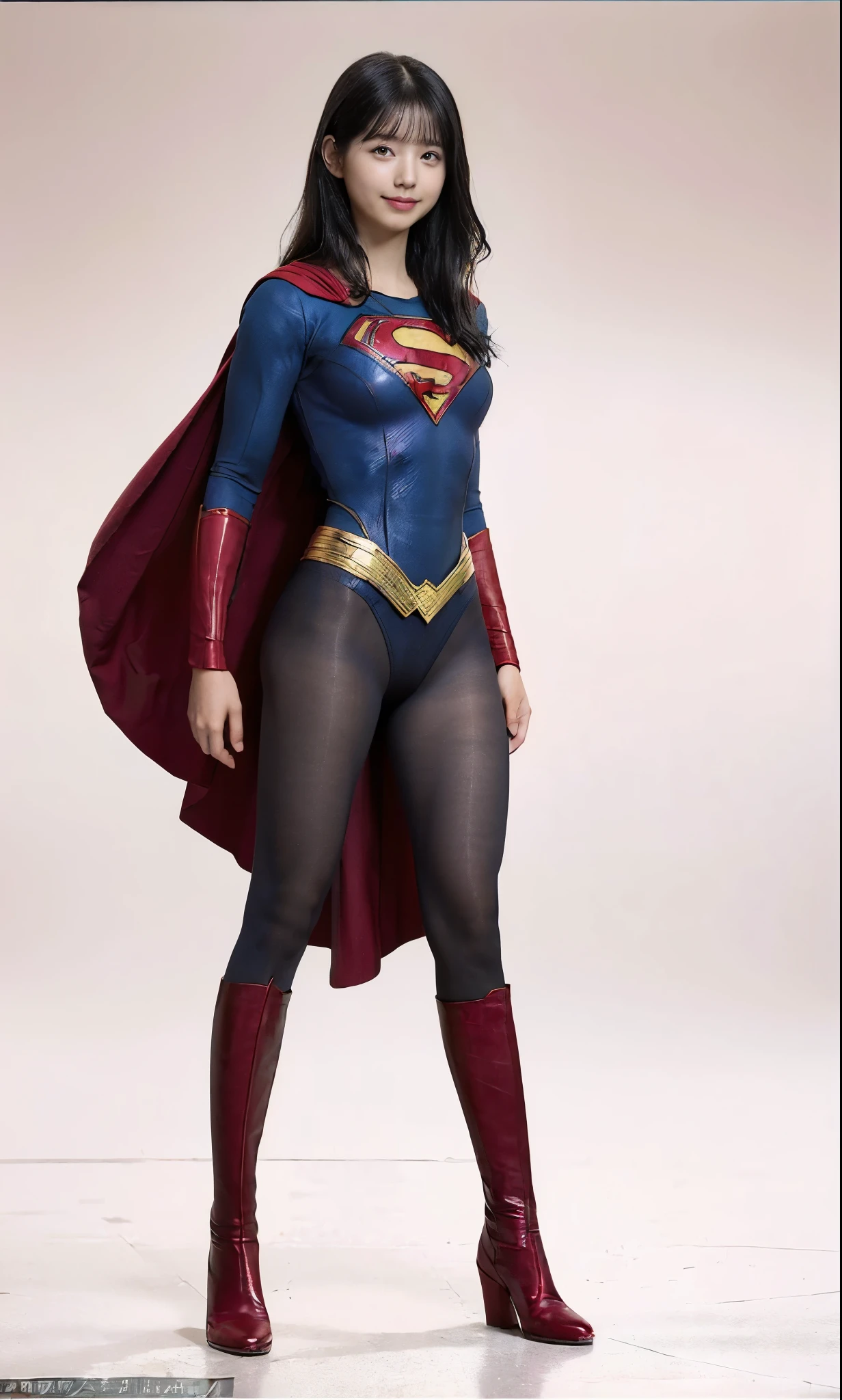 No background、(((Beautiful short haircut)))、(((Beautiful legs in black tights.)))、(((Legally express the beauty of your smile)))、((((Make the most of your original images)))、(((体にぴったりフィットするSupergirl Costume)))、(((Supergirl Costume)))、(((short and beautiful hair)))、(((suffering)))、(((Please wear black tights....、Wear red boots)))、((Best image quality、8k))、((Highest quality、8k、masterpiece:1.3))、(((Preserve background )))、Sharp focus:1.2、Beautiful woman with perfect figure:1.4、Slim Abs:1.2、Wet body:1.5、Highly detailed face and skin texture、8k