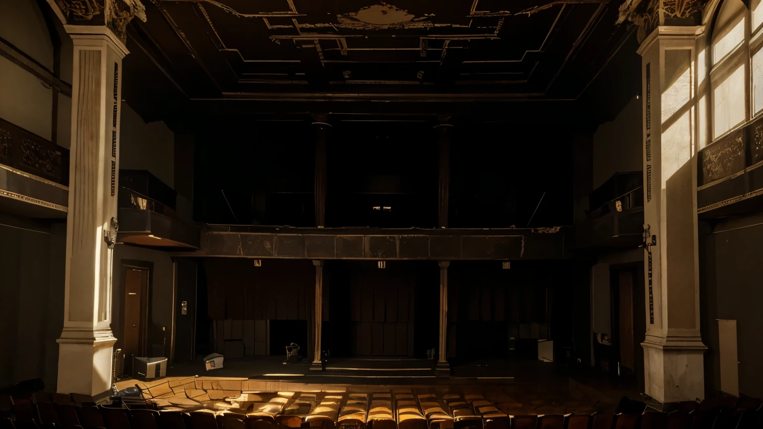 masterpiece,Extreme detail CG Unity 8K wallpaper,An abandoned theater, whose once glamorous days are long gone. The auditorium is filled with dilapidated, filled with dust covered seats, and the stage is covered with torn curtains, fluttering quietly in the breeze. Der Geruch von Moder and oldm Holz ist stark, and the darkness is only illuminated by the faint light of a few remaining candles, that cast ghostly shadows on the walls. The ceiling has partially collapsed, and old, yellowed posters from long-gone performances still hang on the walls. The creaking of the wooden floor and the occasional falling of debris enhance the eerie atmosphere, and you have the feeling, that the ghosts of past actors still roam the corridors.