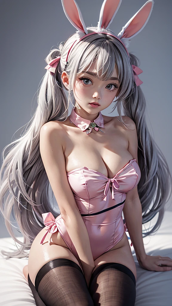 1girl,absurdres,alice_(nikke),alice_(wonderland_bunny)_(nikke),animal_ears,breasts,carrot_hair_ornament,chinese_commentary,commentary_request,copyright_name,cowboy_shot,detached_collar,food-themed_hair_ornament,goddess_of_victory:_nikke,grey_hair,hair_ornament,highres,large_breasts,leotard,long_hair,looking_at_viewer,oare_cat,pantyhose,pink_eyes,pink_leotard,playboy_bunny,rabbit_ears,solo,strapless,strapless_leotard,twintails,white_pantyhose,wrist_cuffs, best quality, masterpiece, nai3
