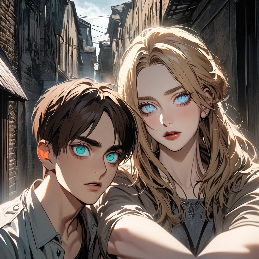 Ultra detailed, Highres, absurdres, HDR, Eren Yeager, brown hair, turquoise eyes, Shingeki No Kyojin, extremely handsome, 1 man with 1 woman, she have blonde hair with messy cute bangs well styled and light blue eyes, the woman is part of the squad, full-body portraits, dark ambiance, only two people.
