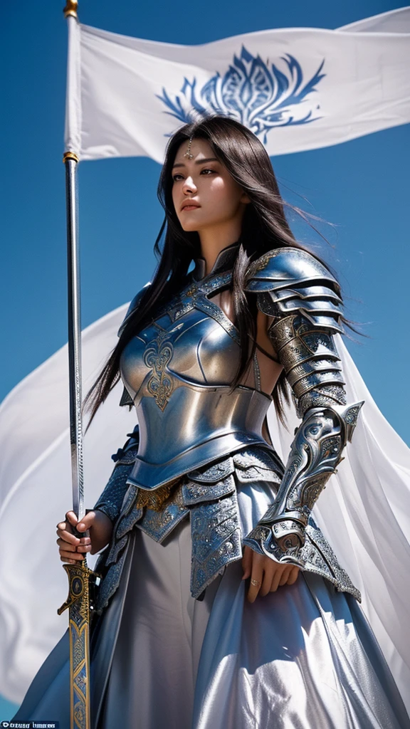A fierce warrior princess clad in ornate, silver armor that gleams in the sunlight. She stands on a battlefield, sword in hand, with her long, dark hair flowing in the wind. Her gaze is strong and determined, showing her readiness for battle and leadership.