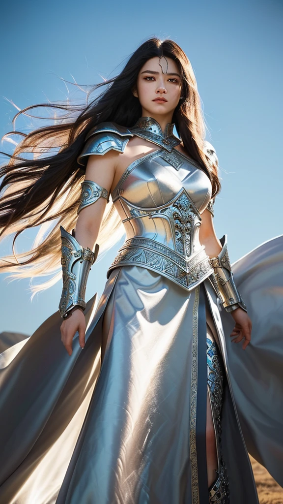 A fierce warrior princess clad in ornate, silver armor that gleams in the sunlight. She stands on a battlefield, sword in hand, with her long, dark hair flowing in the wind. Her gaze is strong and determined, showing her readiness for battle and leadership.
