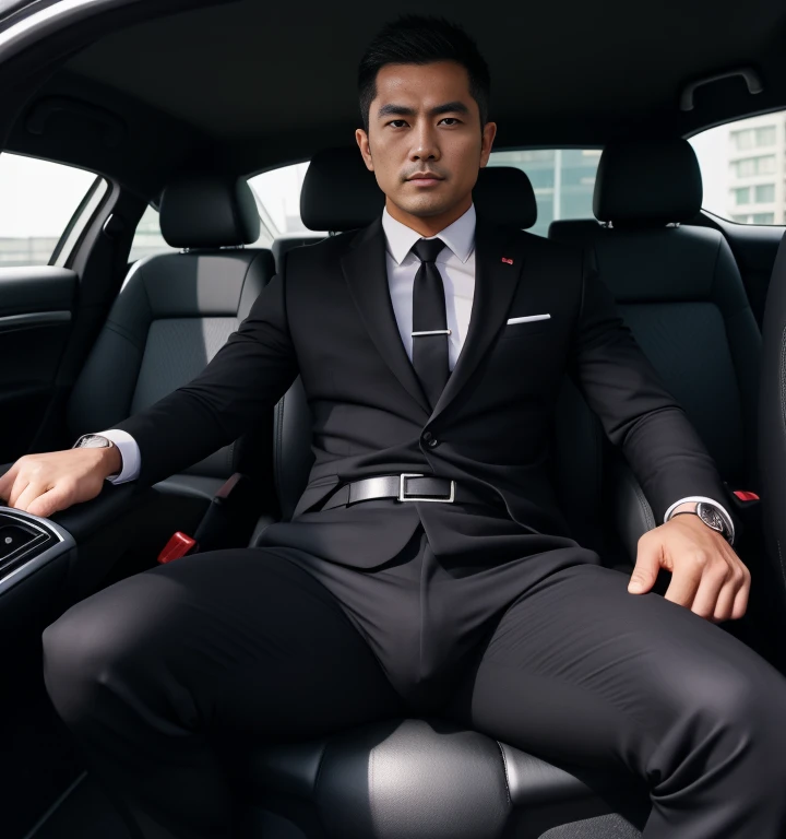 30 years old,One Man,Black Suit,Inside the car、Salaryman、legs wide open、The crotch area of the pants is bulging,Bulging muscles,Gay ,Short Hair,Short Hair、Stubble,Turk,Black Belt。Handsome