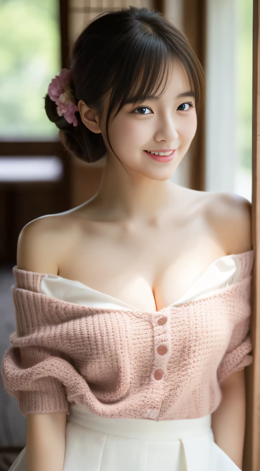 masterpiece,best quality,(Japanese girl),((Beautiful girl)),cleavage,(off shoulder:1.2),(perfect body beauty:1.2),(shy smile),