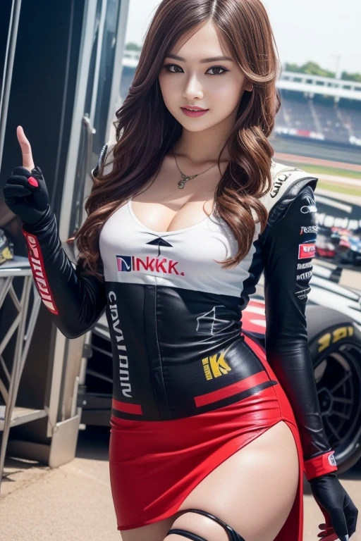 (masterpiece), ( MotoGP Racing Girls),((slender))、(Thin)、(eyeliner:0.5),(blush:0.5), Black Hair, A faint smile, beautifully、Pointing to a delicate girl, Highly detailed eyes and face, Beautifully delicate eyes, , ((Event List)), (MotoGP track background), (Highest quality, High resolution, reality, original, 8k,masterpiece, ),(((Dynamic pose))),(((Central Perspective))),(((Show the underside of the chest ))),(((Red miniskirt lift))),(((Bare inner thighs))),(((F1 cars on display))), (Vibrant colors:1.2), (beautifully),((Thigh-high boots))、((Nipple Covers))、Soaking wet、(underground stage)、high Ponytail、Twin tails、Heavy makeup、Pose to invite a man 