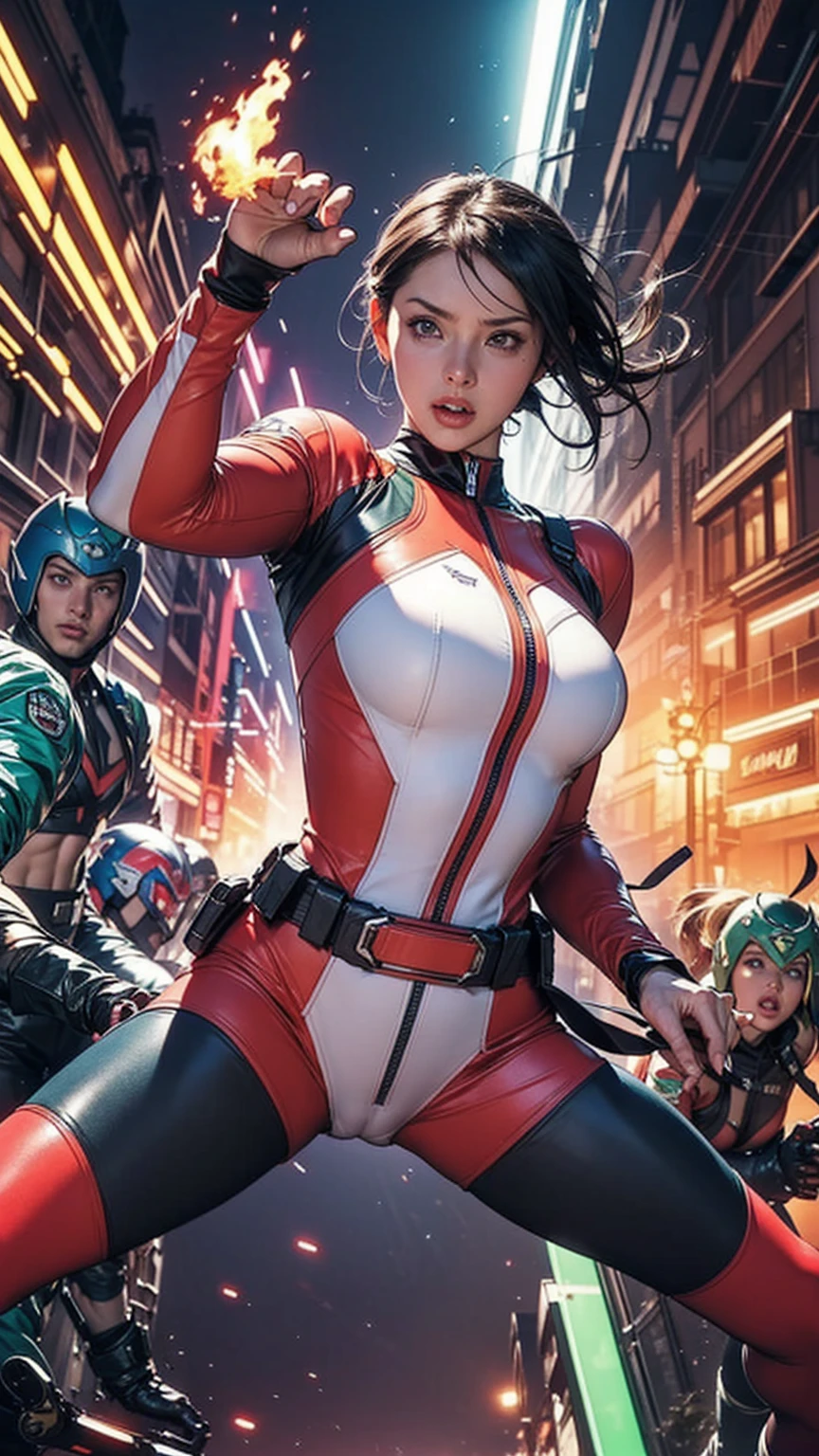 A brave and courageous image of a six-member ranger team, Each one is decorated in vibrant colors.、:: pink, Red is in front of center, violet, green, yellow, Blue Black, white,. Metallic shiny bodysuit, Dynamic poses with backgrounds that exude energy and courage, neon, fire, plasma, fluorescence, shocking, Bomber, Fighting Pose, Action pose, Embodying the essence of the classic Sentai superhero team. Each Ranger:: The clothes are sophisticated and modern, Each color has elements that reflect its theme., Ready for action. ((Camel Toe)), weapons, With the sunset in the background , Cinema Lighting, Cover art mixed movie poster style,