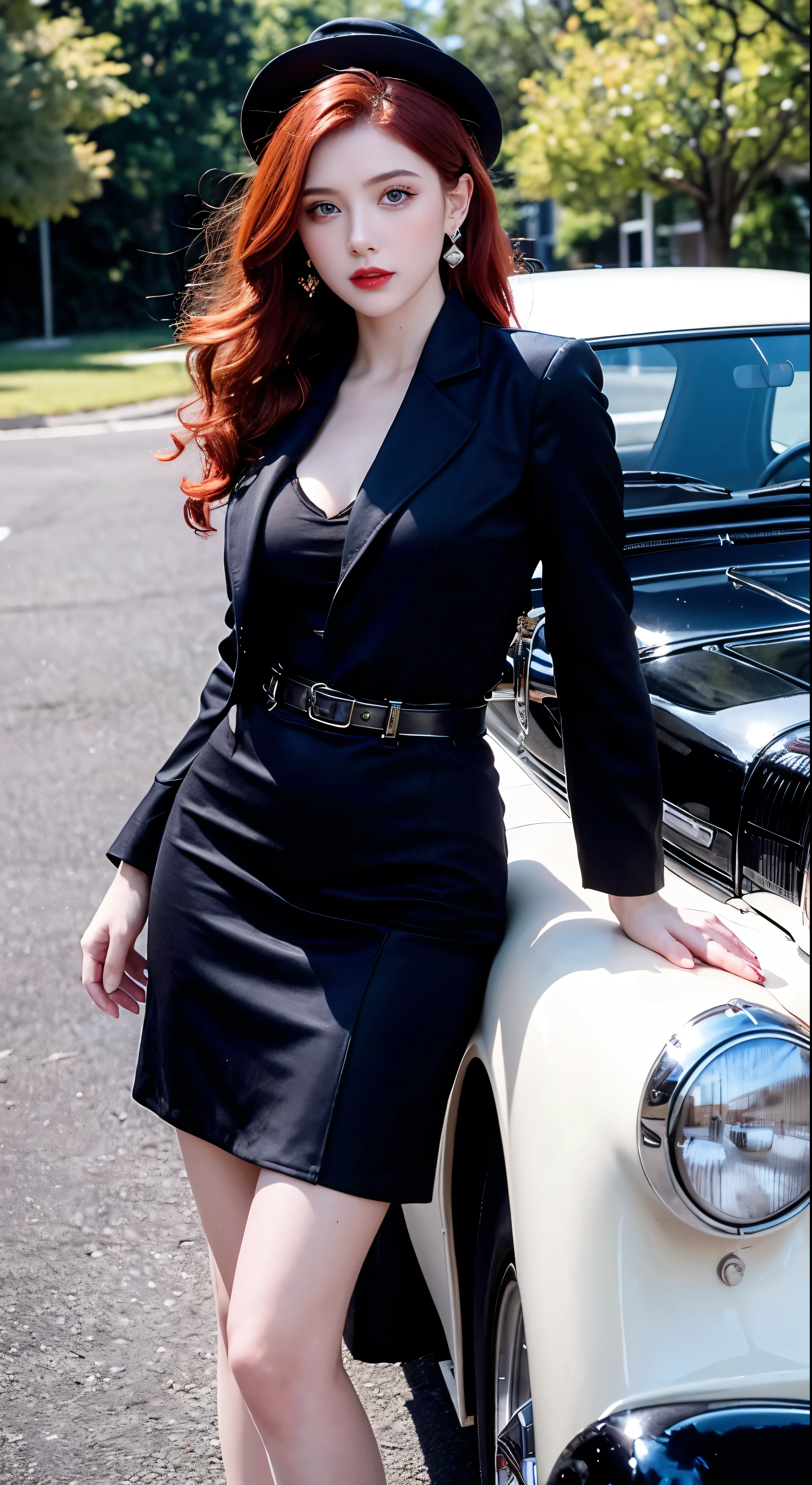 masterpiece、Pale Skin、Red lips、Bright Eyes、eye shadow、A beautiful chestnut woman with long hair standing in the street holding a front shot Thompson drum M1928A1、Behind her left is a green 1928 Cadillac Town Sedan、She is wearing a mafia suit in red and black colors、Skirt and jacket on her shoulders in mafia style、Heel、Very detailedなボディ、Detailed cars and clothing、Chiaroscuro、Natural light、Very detailed、She and the car are the focus of the image。Facial details