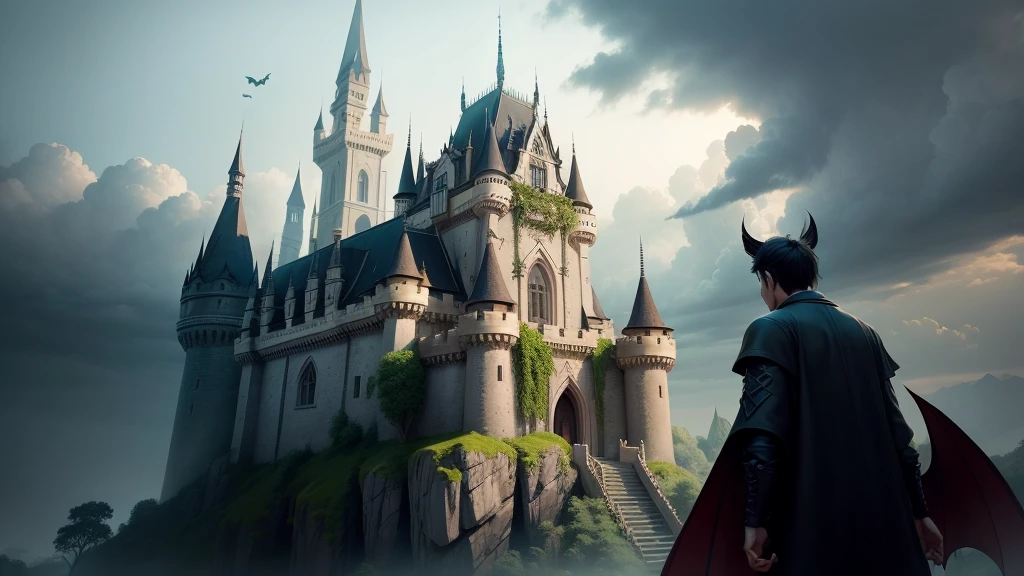 1 castle, Flying Bat, scary, หรูหราscary, It's dark., The background is the moon.,black red night