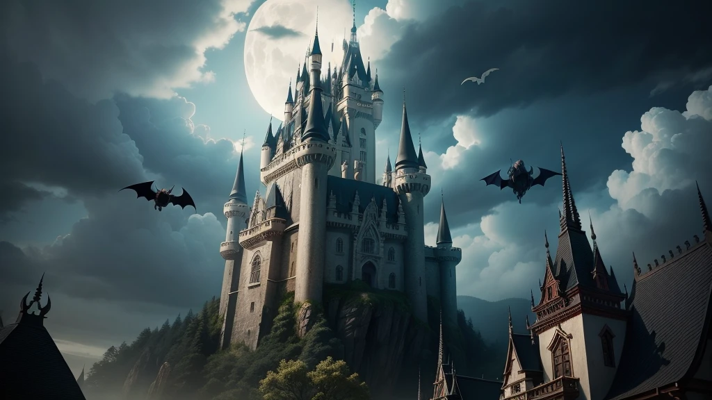 1 castle, Flying Bat, scary, หรูหราscary, It's dark., The background is the moon.,black red night