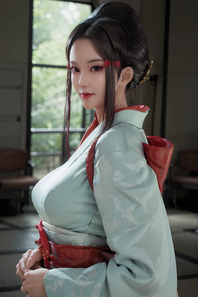 (best quality), (masterpiece), detailed, depth of field, perfect lighting, 1girl, mature female, dark eyes, red eyeliner, dark hair, tall bun top of head, hair pieces, (best quality), (masterpiece), detailed, depth of field, short sleeves,  white loose kimono, dark hair, upper body, huge breasts, smile