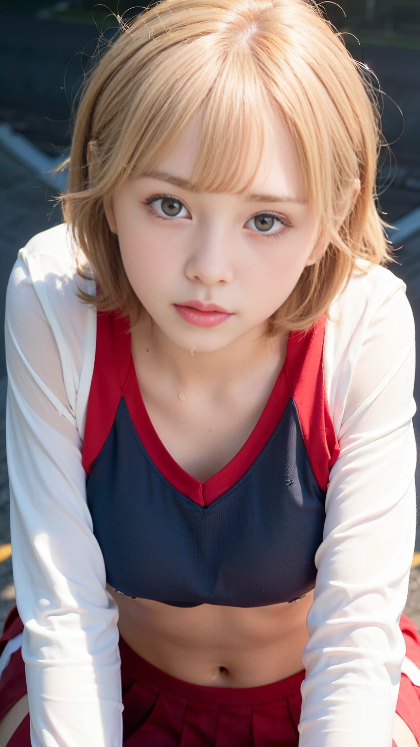 ((red)tight cheerleader uniform:1.5), ((red)High neck long sleeve red innerwear1.7), ((red)pleated skirt:1.5), (red, navy, white, latex:1.4), (logo:1.5) , 1girl, (18 years old:1.5), (huge breasts:1.4), (blonde very short hair:1.8), (bob cut:1.3), (airy hair:1.5), (blunt bangs:1.4), (fair skin:1), (transparent skin:1), (perfect face:1), super detailed beautiful skin, (narrow waist:1.6), (abs:0.5), (skinny:1.5), (gal face:1.8), (stadium:1.4), (face focus/close up:1.3), (from above:1.5), (looking at viewer:1.2), masterpiece, ultra detailed, ultra high res, 8k, RAW photo, best quality, detailed shadow, amazing, finely detail, sharp focus, (Volumetric lighting:1.6), (orgasm face:1.8), (cum:1.8), (on all fours:1.3)