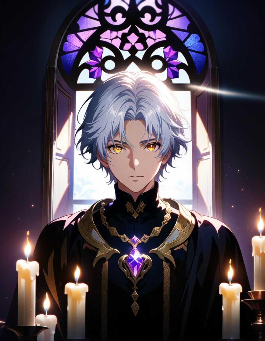 masterpiece, best quality, Detailed eyes, detailed face, Solo, Male, ((man)), 1man, athletic build, Aasimar, short hair, ((White Hair)), golden eyes, ((gold eyes)), black outfit, (Wearing black clothes), Gold Trim, wearing a crystal necklace, (((purple crystal))), wings, angle wings, ((black wings)), holding a candle, window, behind character, (light coming from behind window), candles in background, full body portrait, (facing viewer), (extremely detailed CG unity 8k wallpaper), (best quality), (best illustration), (best shadow), absurdres, realistic lighting, Dynamic lighting, beautiful detailed glow,