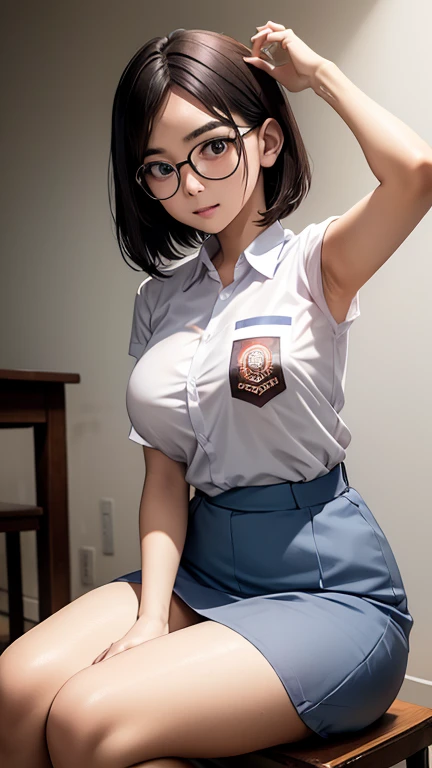 Best quality, 1 woman, 17 years old, (short bob haircut, black hair), horny face expression, plump body, blue eyes, Indonesian high-school uniform, (wearing transparent white shirt, sleeves less), osis logo on shirt pocket, huge XL breasts, light-grey long skirt, sitting down, seductive pose, full body shot, shy face, blush, looking_at_viewer, glasses, black-framed eyewear, in the classroom, showing armpits, armpits