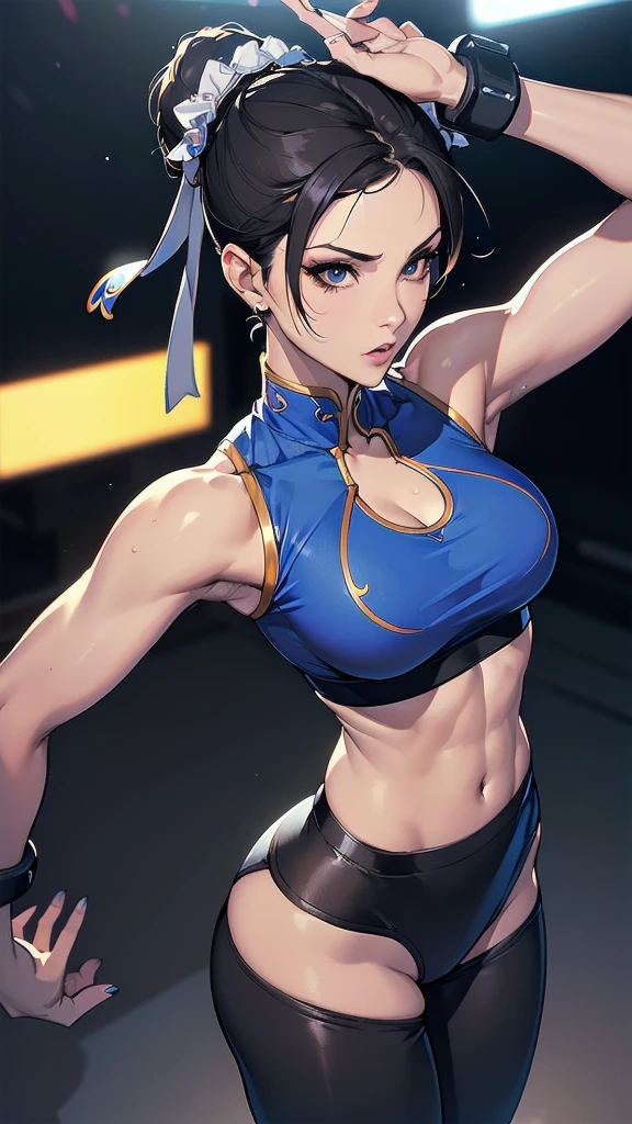 (A masterpiece, high resolution, 4K,8K), perfect anatomy, (a woman, Chun-Li, athletic, very short hair ) ,(royal blue top, sleeveless ), (black leggings:1.1), (she is wearing black t-back that string is showing at her hips, black t-back , visible ), sweating, the background is a building advertisement with dazzling neon light, (sexy body) , (sexy beautiful detailed face), athlete body, front view, stylish pose, looking at viewer, good applying makeup, medium breasts, cleavage, midriff peek and abs, glistening skin, nightclub background,Delete everything except the character