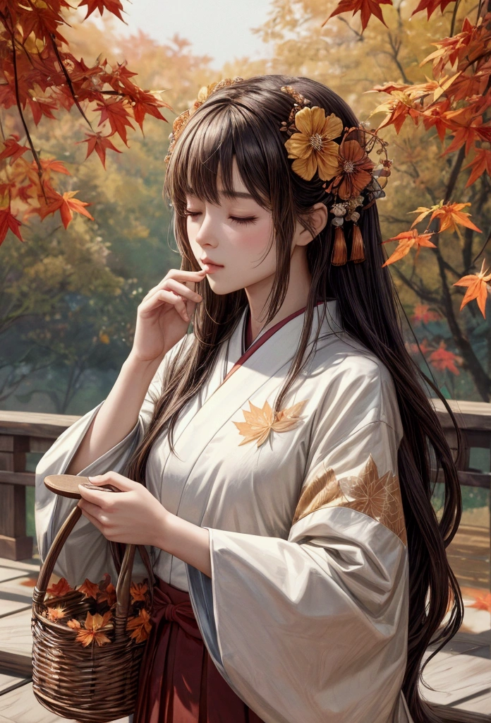 score_9,score_8_up,score_7_up,beautiful face,beautiful features,
solo,masterpiece,highest quality,exquisite details,amazing art,realistic details,pretty face,real skin,8K,RAW,movie lighting,soft light,shallow depth of field,bokeh,dreamy,best quality,intricate detail,
huo ling'er,1girl,basket,solo,long hair,brown hair,from above,closed eyes,leaf,maple leaf,flower basket,autumn leaves,outdoors,holding basket,skirt,standing,hair ornament,autumn,japanese clothes,holding,flower,best quality , masterpiece, illustration, an extremely delicate and beautiful, extremely detailed ,CG,unity,8k wallpaper, Amazing, finely detail, masterpiece, best quality,official art,extremely detailed CG unity 8k wallpaper,absurdres, incredibly absurdres, huge filesize , ultra-detailed, highres, extremely detailed,beautiful detailed girl, extremely detailed eyes and face, beautiful detailed eyes,light on face,